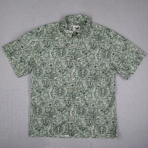 Yiume Hawaiian Mens Green Tribal Polynesian Print Button Down Shirt Size M Tiki